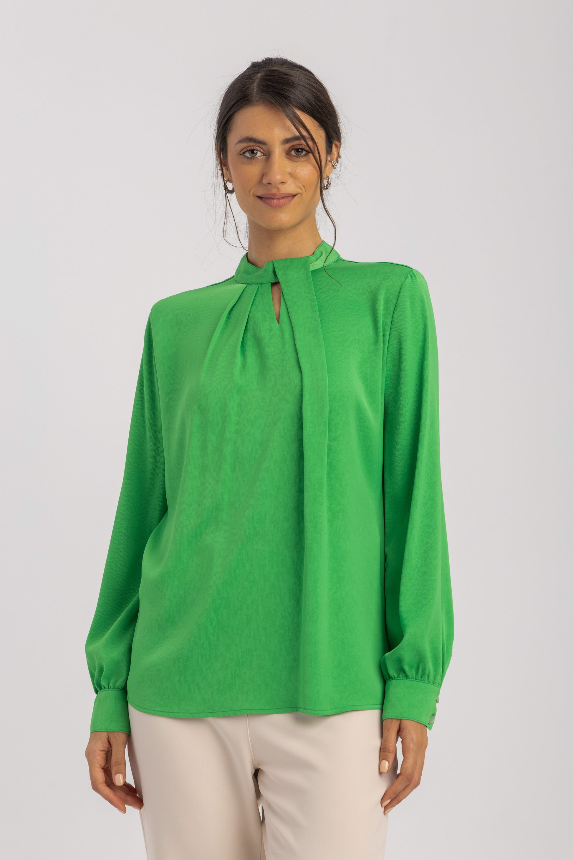 Long Sleeve Keyhole Blouse ESLA Tie Neck Formal Top for Women
