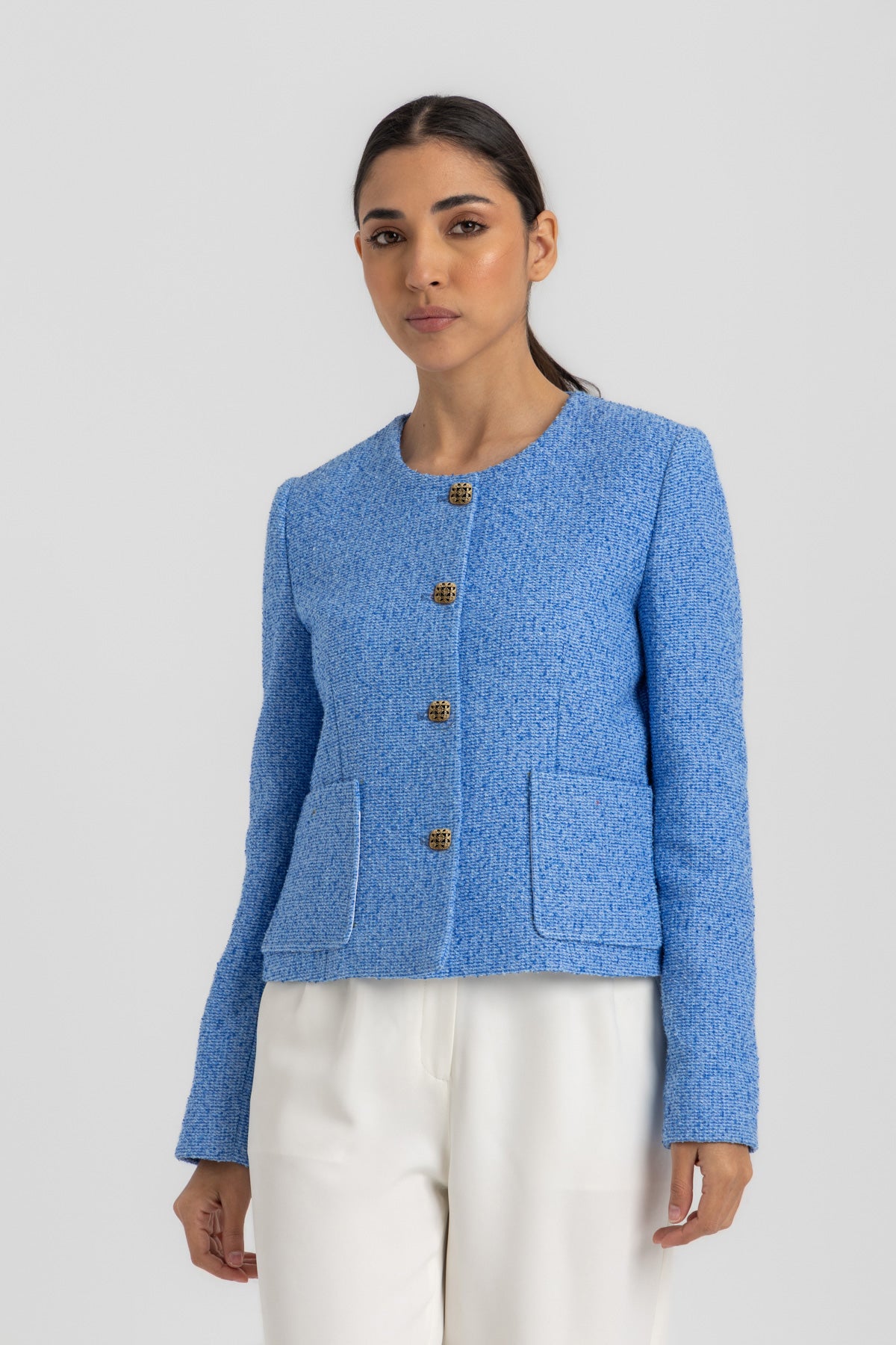 ジャケット・アウター Tweed Dot Button Collarless Jacket Women's Tweed Short Jacket Collarless Button Down Long Sleeve Work