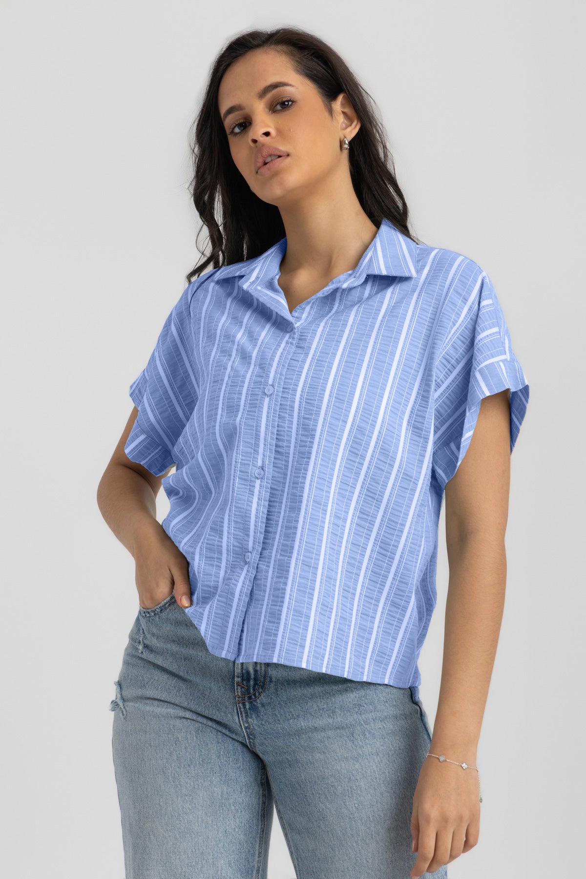 Striped Short-Sleeve Boxy Button-Down Shirt