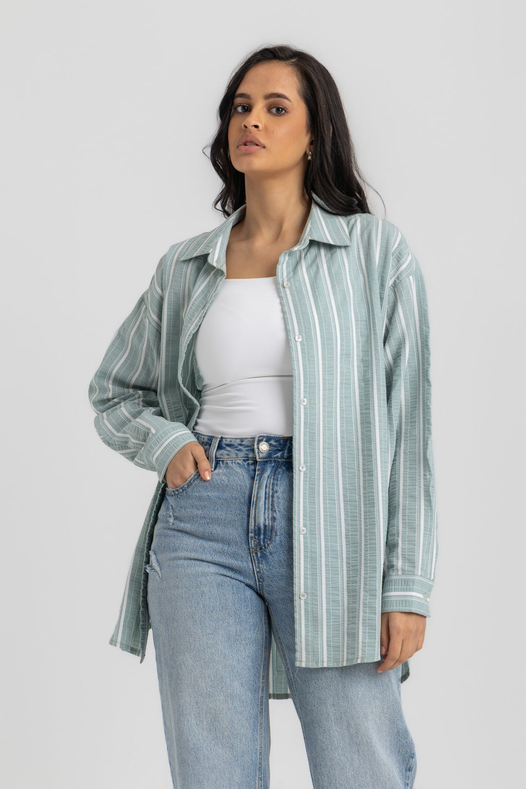Oversized Striped Button-Down Longline Shirt