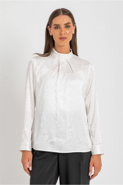 High-Neck Blouse Formal Wear Subtle Shine Draped Elegance