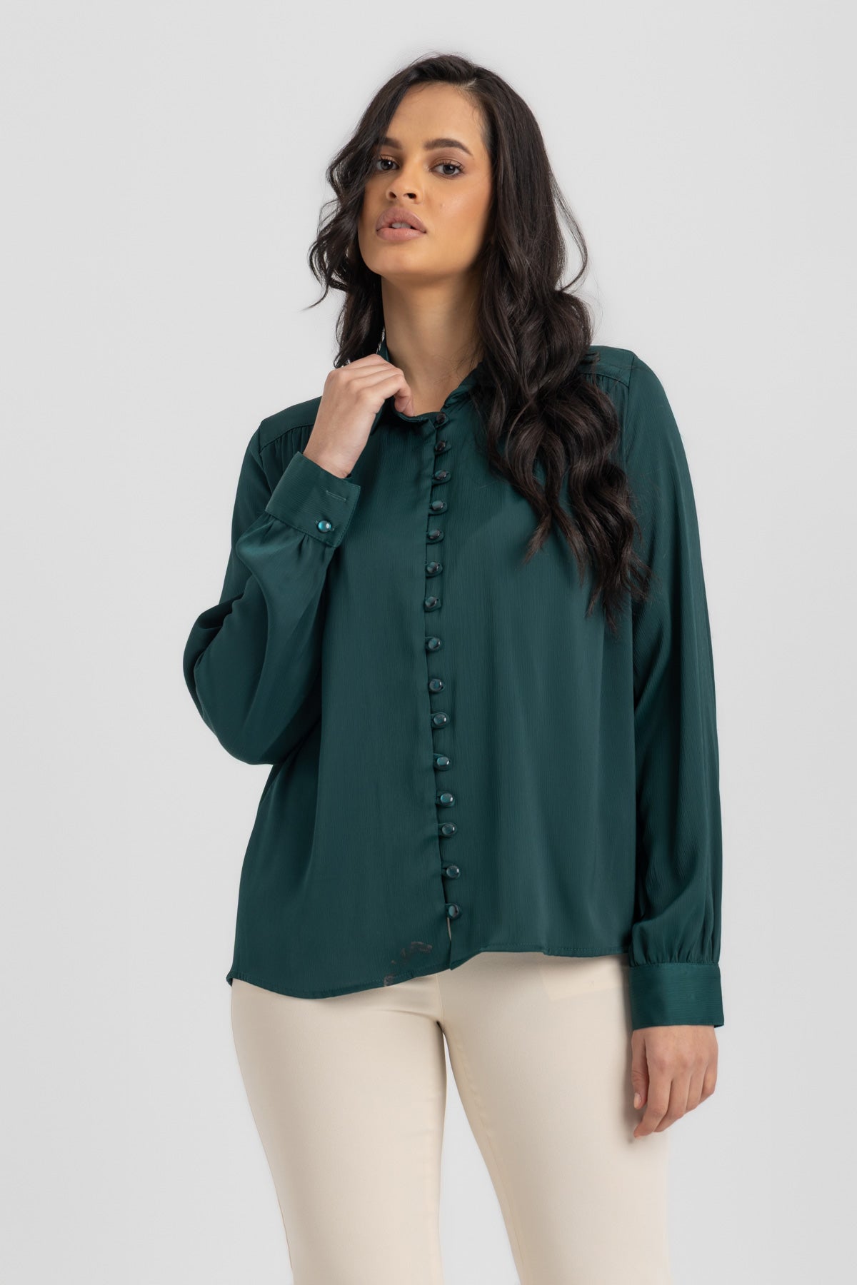 Button-Up Blouse with Mandarin Collar