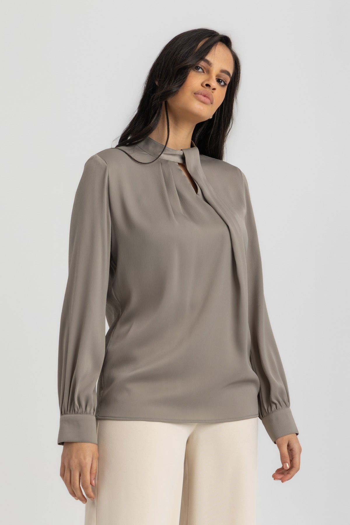 Satin High Neck Blouse with Long Sleeves