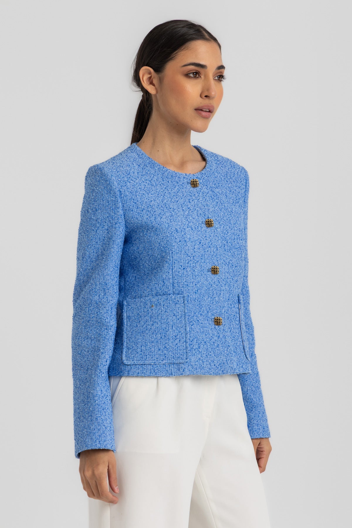 Collarless Tweed Jacket with Gold-Tone Buttons – ESLA