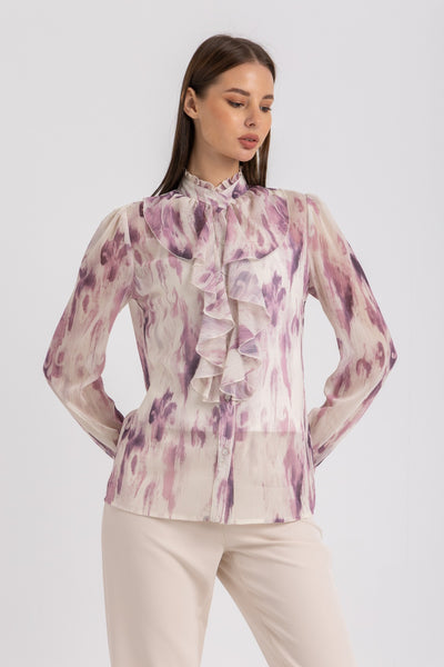 ESLA Printed Ruffle Front Long Sleeve Blouse