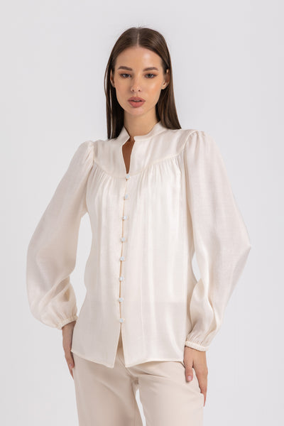 Button-Front Shimmer Blouse