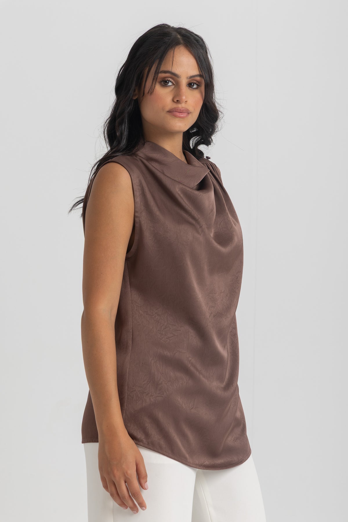 Women’s Sleeveless Cowl-Neck Satin Top