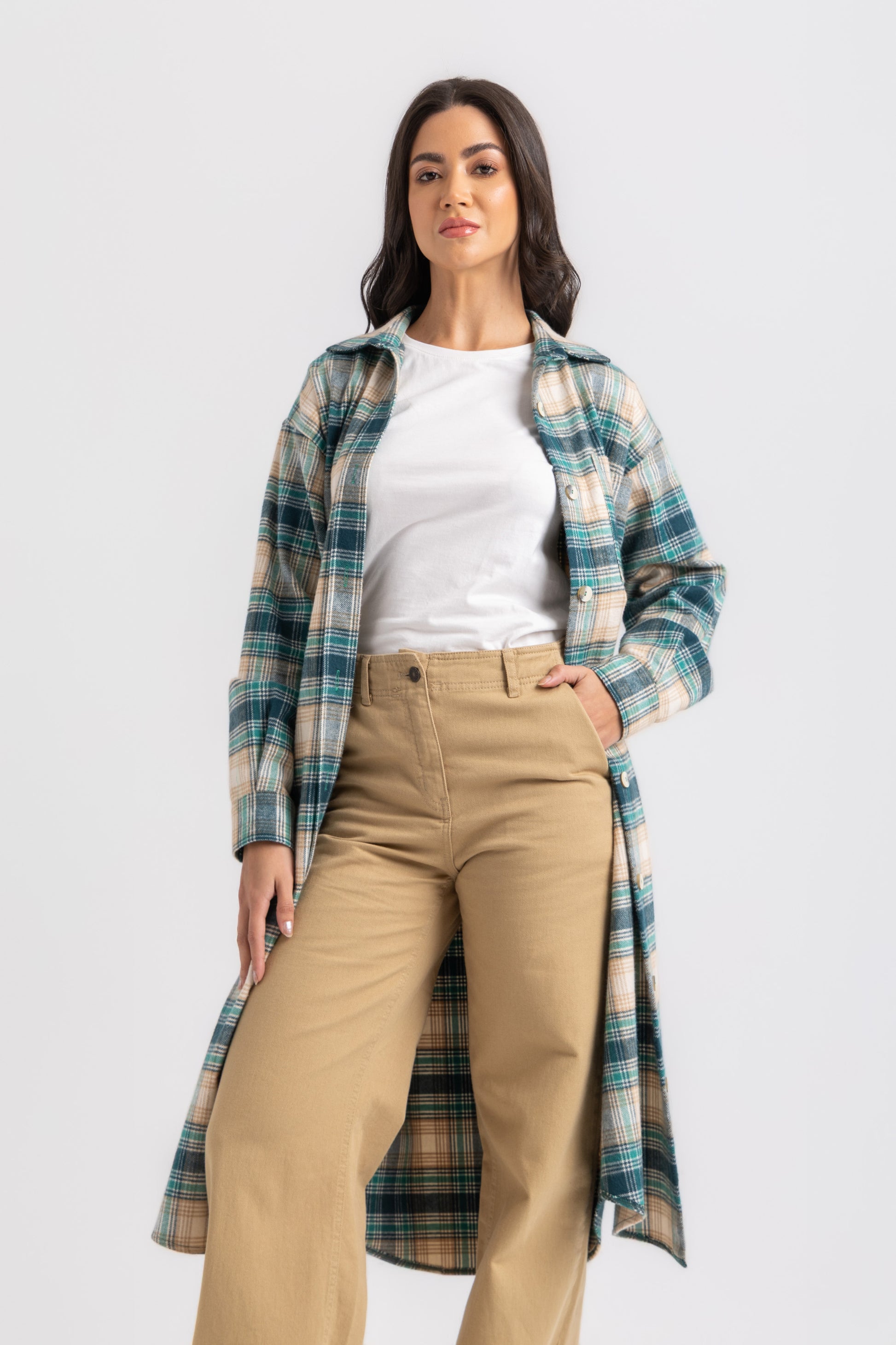 ESLA Long Checked Button-Down Overshirt
