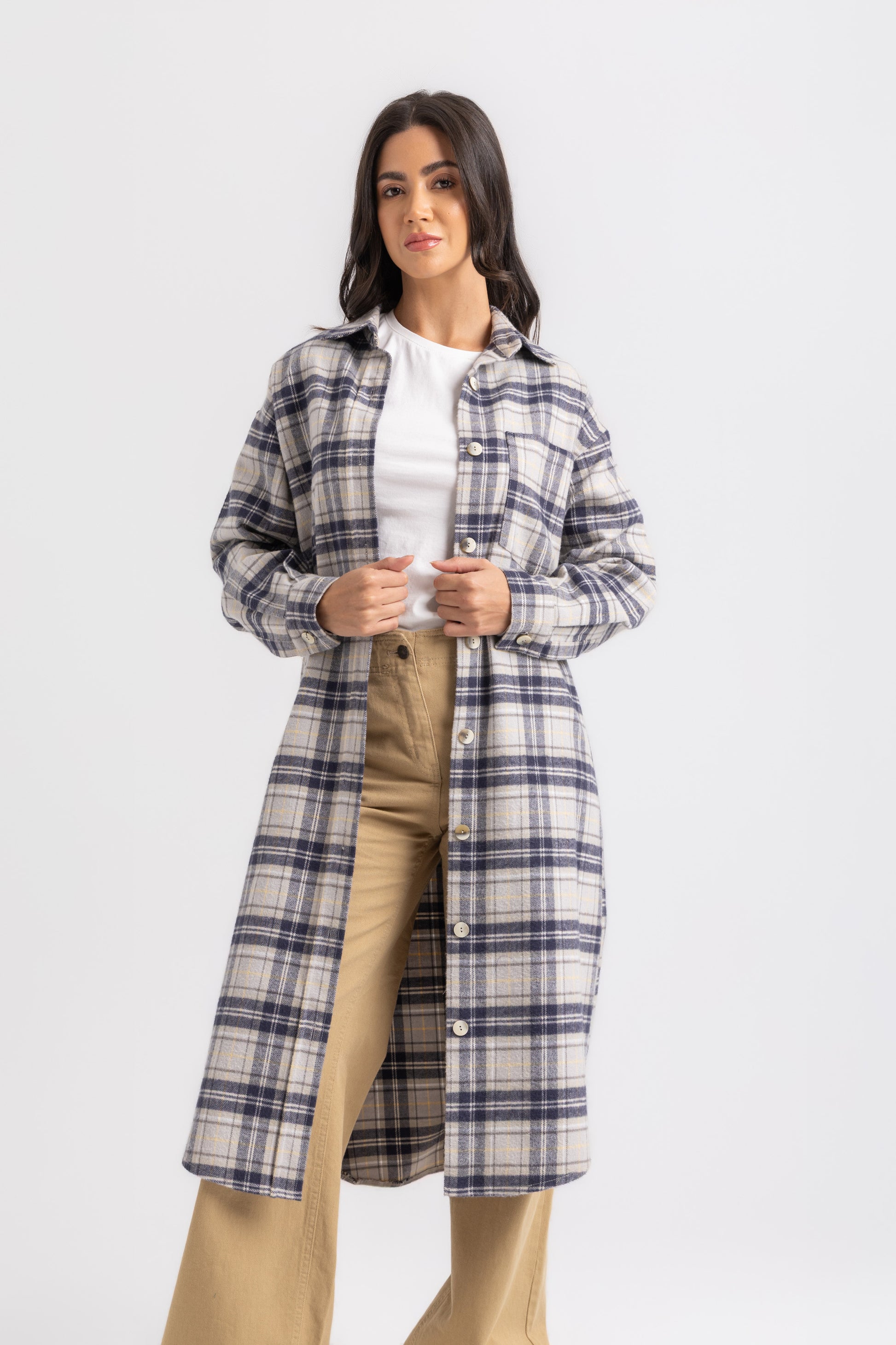 ESLA Long Checked Button-Down Overshirt